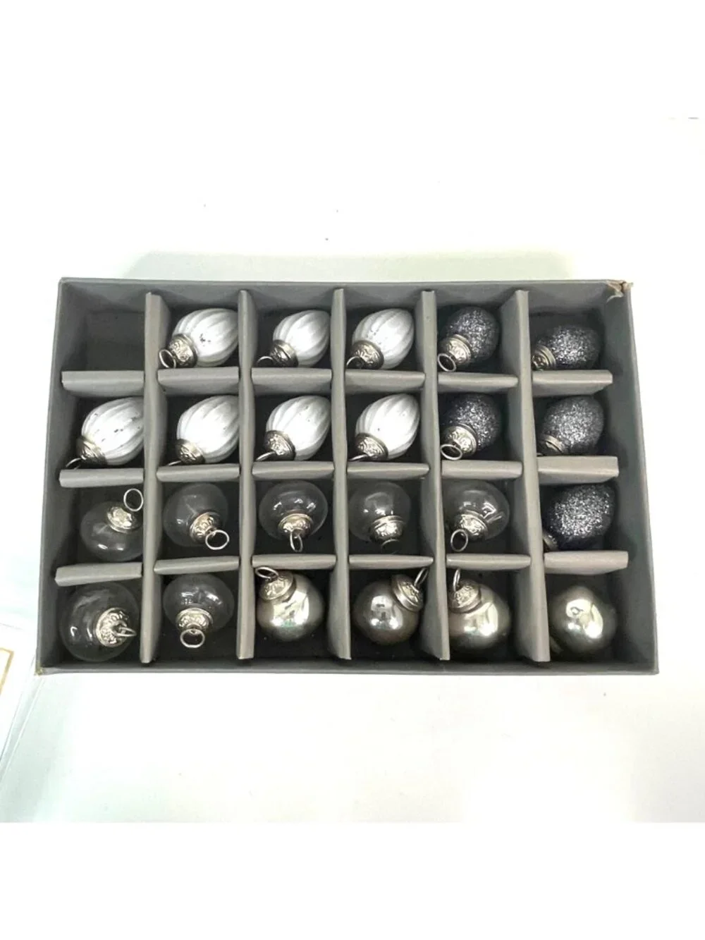 DOFT Mini Mercury Glass Christmas Ornaments Set White Silver Clear w/ Box Lid
